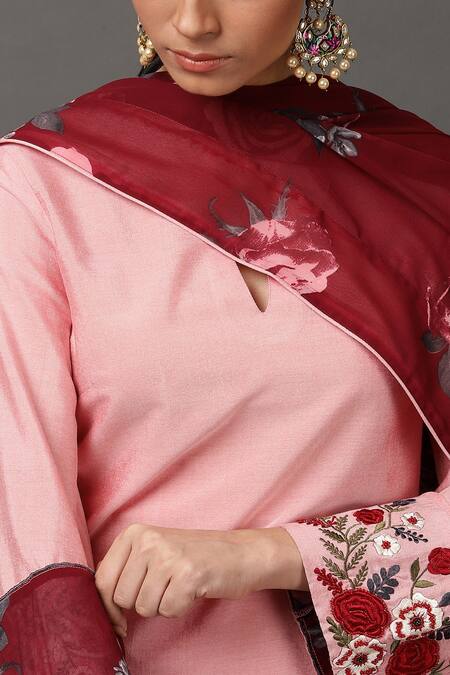 Nuhh_Pink 100% Polyester Round Straight Kurta Set _at_Aza_Fashions