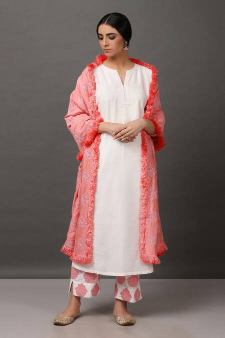 NUHH_White Kurta And Pant 100% Polyester Dupatta Poly Cotton Round Straight Set_Online_at_Aza_Fashions