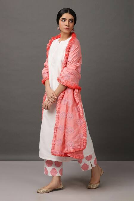 Buy_NUHH_White Kurta And Pant 100% Polyester Dupatta Poly Cotton Round Straight Set_Online_at_Aza_Fashions