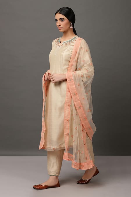 NUHH_Beige Kurta And Pant 100% Polyester Cami 100% Cotton Dupatta Embroidered Set _Online_at_Aza_Fashions