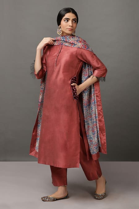 Buy_NUHH_Pink 100% Polyester Round Straight Kurta Set _Online_at_Aza_Fashions