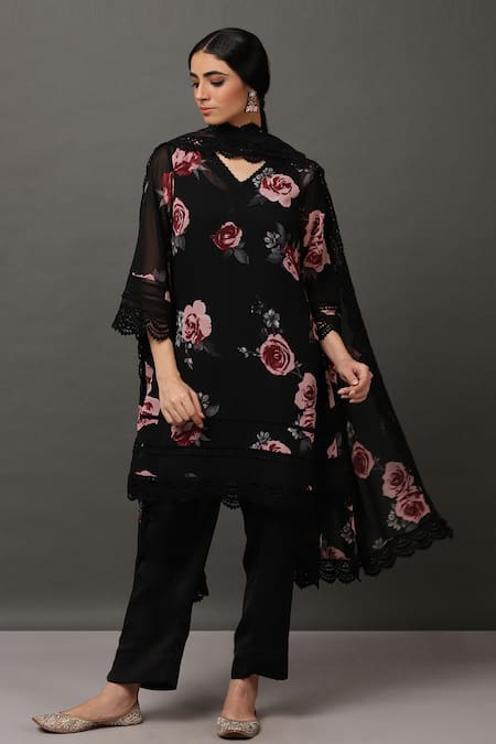 NUHH Black 100% Polyester V Neck Printed Kurta Set 