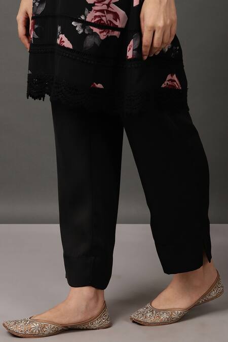 Shop_NUHH_Black 100% Polyester V Neck Printed Kurta Set _Online_at_Aza_Fashions