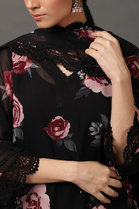 NUHH_Black 100% Polyester V Neck Printed Kurta Set _at_Aza_Fashions