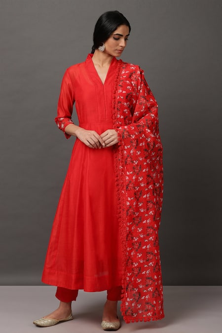 NUHH Red Dupatta 100% Polyester Cami 100% Cotton, Kurta, Embroidered Anarkali Set 