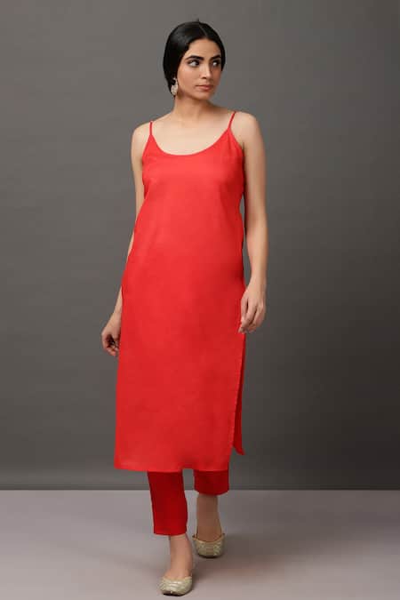 Buy_NUHH_Red Dupatta 100% Polyester Cami 100% Cotton, Kurta, Embroidered Anarkali Set _Online_at_Aza_Fashions