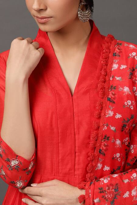 NUHH_Red Dupatta 100% Polyester Cami 100% Cotton, Kurta, Embroidered Anarkali Set _at_Aza_Fashions