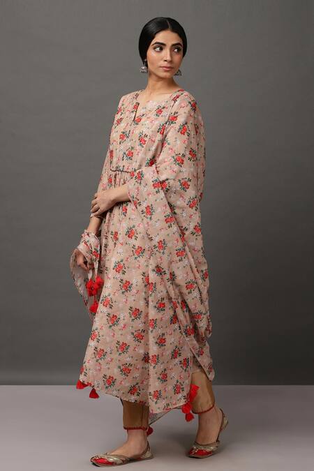 NUHH_Beige Dupatta 100% Polyester Cami 100% Cotton, Kurta, Pant Printed Set_Online_at_Aza_Fashions