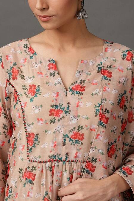 NUHH_Beige Dupatta 100% Polyester Cami 100% Cotton, Kurta, Pant Printed Set_at_Aza_Fashions