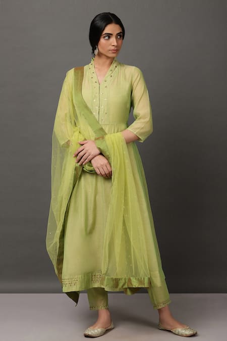 NUHH Green Kurta And Pant 100% Polyester Dupatta Poly Embroidered Anarkali Set 