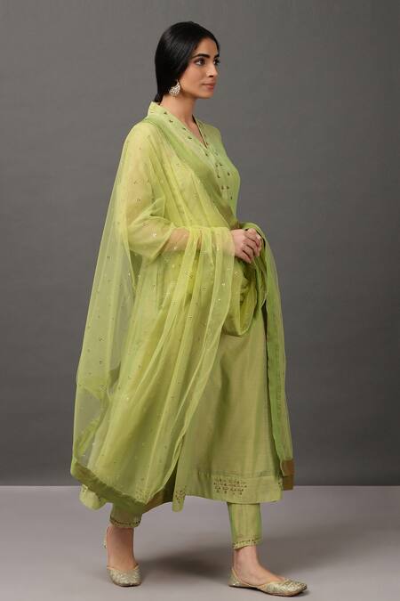 NUHH_Green Kurta And Pant 100% Polyester Dupatta Poly Embroidered Anarkali Set _Online_at_Aza_Fashions