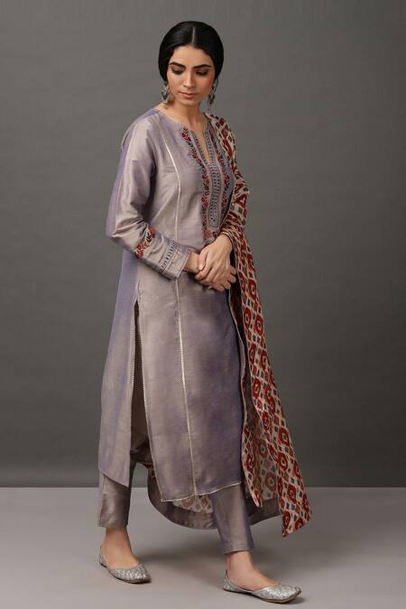 NUHH_Grey 100% Polyester Round Straight Kurta Set _Online_at_Aza_Fashions