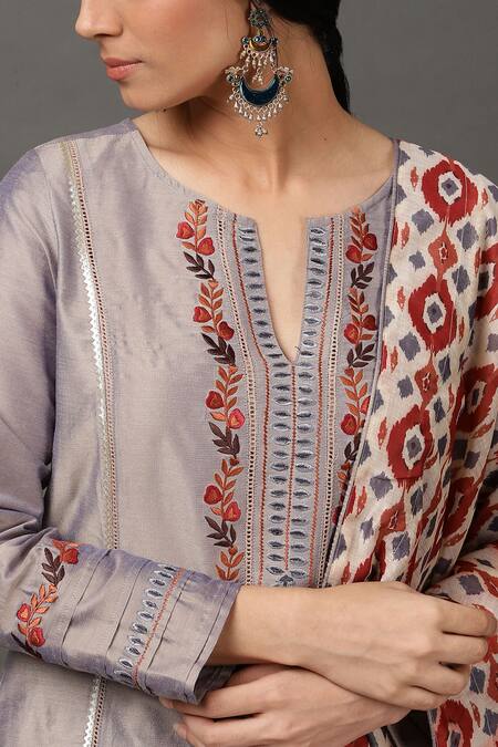 Shop_NUHH_Grey 100% Polyester Round Straight Kurta Set _Online_at_Aza_Fashions