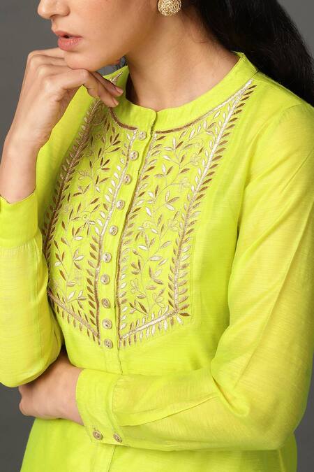 Buy_Nuhh_Green Inner 100% Cotton, Kurta Chanderi, Pant Modal Round Handwoven And Set _Online_at_Aza_Fashions