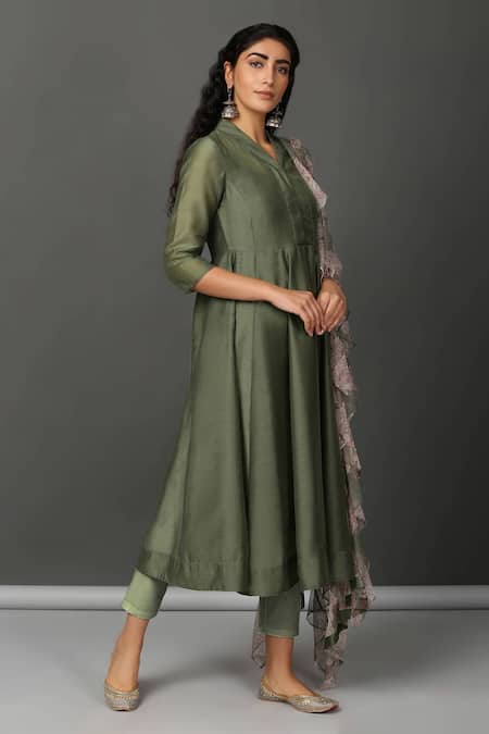Nuhh_Green Anarkali And Pant Chanderi, Dupatta Printed Tulle, Inner 100% Cotton Set _Online_at_Aza_Fashions