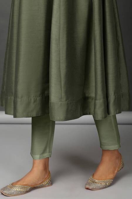 Shop_Nuhh_Green Anarkali And Pant Chanderi, Dupatta Printed Tulle, Inner 100% Cotton Set _Online_at_Aza_Fashions