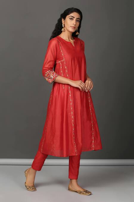 NUHH_Red Inner 100% Cotton, Kurta And Pant Chanderi Notched & Set _Online_at_Aza_Fashions