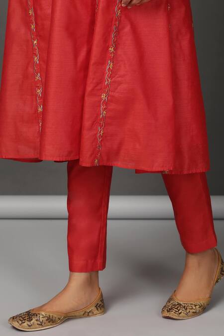 NUHH_Red Inner 100% Cotton, Kurta And Pant Chanderi Notched & Set _at_Aza_Fashions