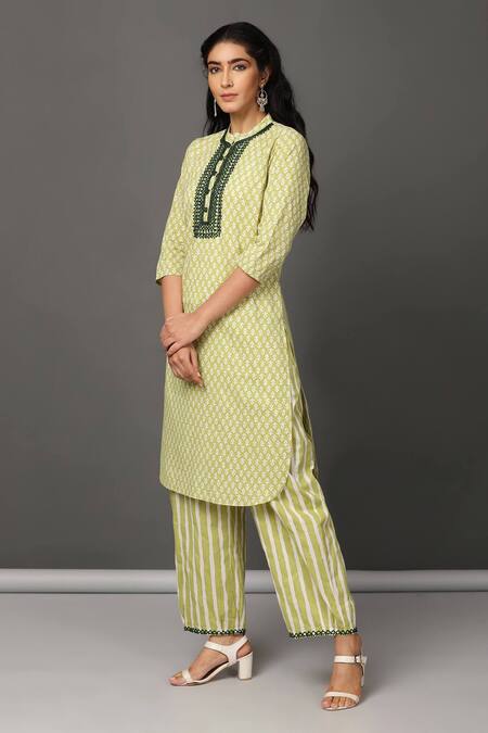 Buy_NUHH_Green 100% Cotton Mandarin Collar Printed Kurta And Pant Set _Online_at_Aza_Fashions
