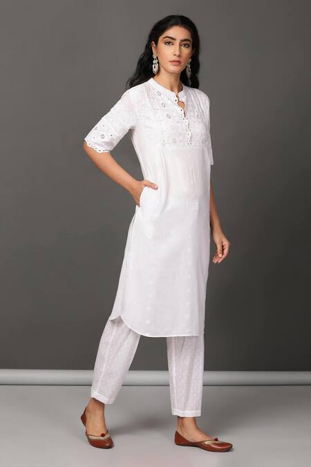 NUHH_White 100% Cotton Mandarin Collar Schiffli Kurta Set _Online_at_Aza_Fashions