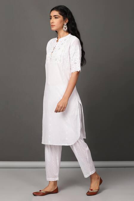 Buy_NUHH_White 100% Cotton Mandarin Collar Schiffli Kurta Set _Online_at_Aza_Fashions