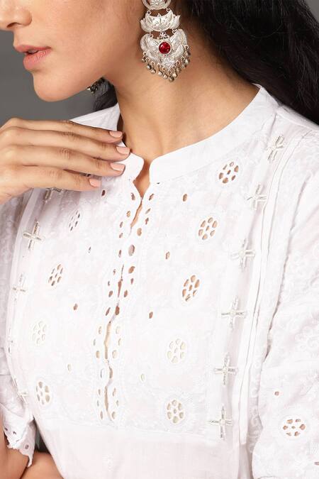 Shop_NUHH_White 100% Cotton Mandarin Collar Schiffli Kurta Set _Online_at_Aza_Fashions