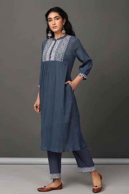 Nuhh Blue Cotton Crinkle Crepe Mandarin Collar Embroidered Kurta And Pant Set Online at Aza Fashions Nuhh_Blue Cotton Crinkle Crepe Mandarin Collar Embroidered Kurta And Pant Set _Online_at_Aza_Fashions