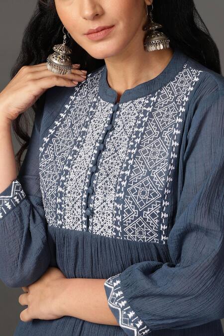 Buy Nuhh Blue Cotton Crinkle Crepe Mandarin Collar Embroidered Kurta And Pant Set Online at Aza Fashions Buy_Nuhh_Blue Cotton Crinkle Crepe Mandarin Collar Embroidered Kurta And Pant Set _Online_at_Aza_Fashions