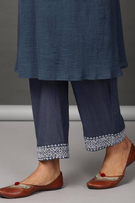 Nuhh Blue Cotton Crinkle Crepe Mandarin Collar Embroidered Kurta And Pant Set at Aza Fashions Nuhh_Blue Cotton Crinkle Crepe Mandarin Collar Embroidered Kurta And Pant Set _at_Aza_Fashions