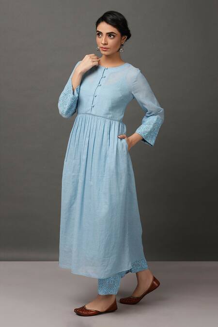 NUHH_Blue 100% Cotton Round Anarkali And Pant Set _Online_at_Aza_Fashions
