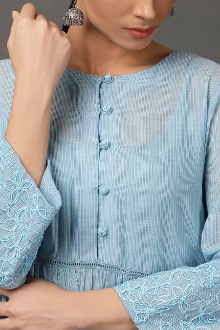 NUHH_Blue 100% Cotton Round Anarkali And Pant Set _at_Aza_Fashions