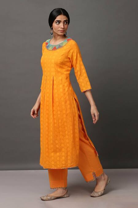 Buy_NUHH_Orange 100% Cotton Round Kurta And Pant Set _Online_at_Aza_Fashions