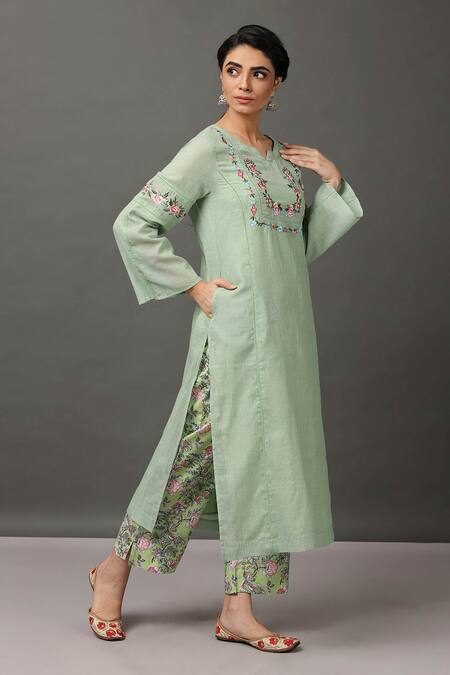 NUHH_Green Kurta And Slip 100 Cotton Pant 100% Viscose Round Embroidered & Set _Online_at_Aza_Fashions