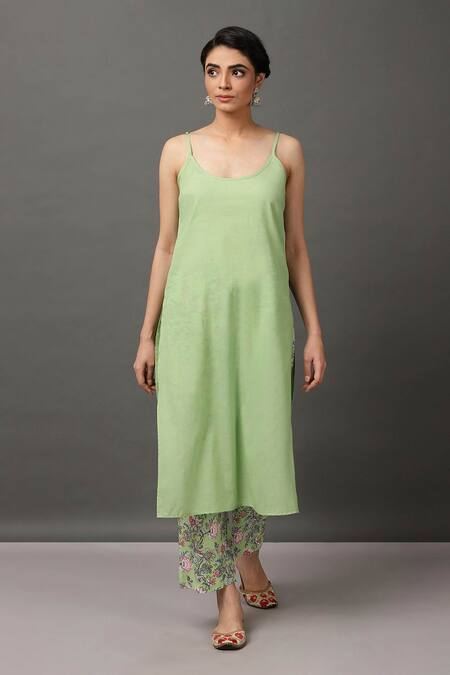 Buy_NUHH_Green Kurta And Slip 100 Cotton Pant 100% Viscose Round Embroidered & Set _Online_at_Aza_Fashions