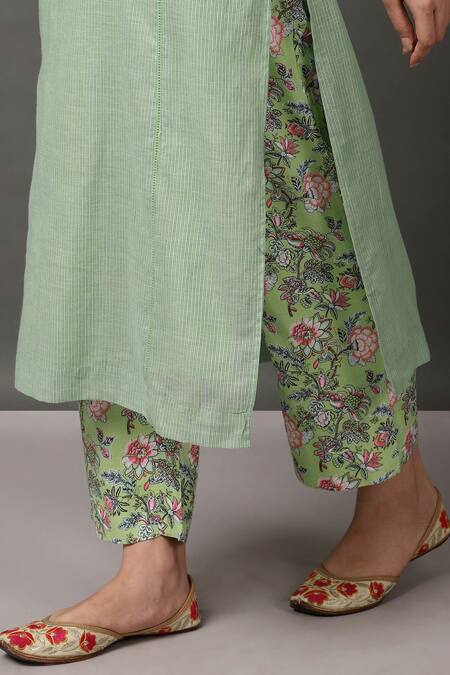 Shop_NUHH_Green Kurta And Slip 100 Cotton Pant 100% Viscose Round Embroidered & Set _Online_at_Aza_Fashions