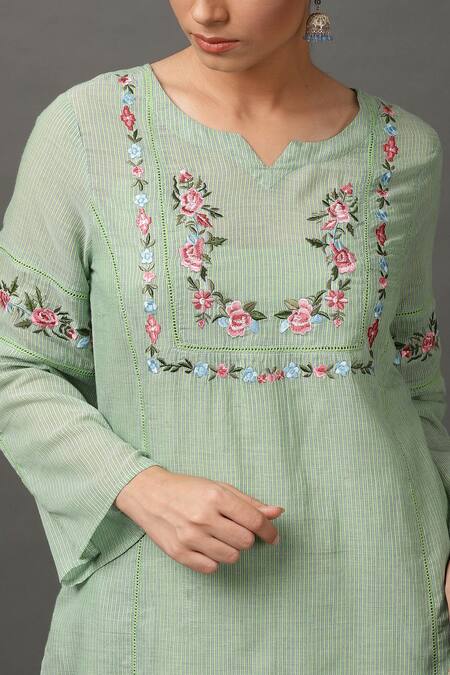 NUHH_Green Kurta And Slip 100 Cotton Pant 100% Viscose Round Embroidered & Set _at_Aza_Fashions
