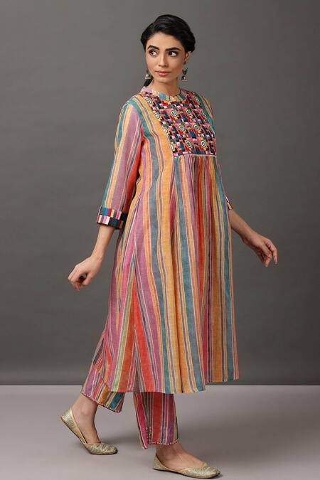 NUHH_Multi Color Kurta And Pant 100 % Polyester Slip 100% Cotton Striped & Set _Online_at_Aza_Fashions