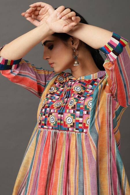 NUHH_Multi Color Kurta And Pant 100 % Polyester Slip 100% Cotton Striped & Set _at_Aza_Fashions
