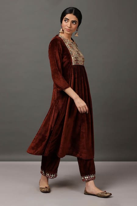 NUHH_Brown 100% Polyester Round Embroidered Kurta And Pant Set _Online_at_Aza_Fashions