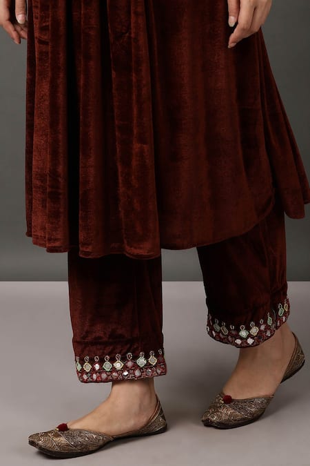 Shop_NUHH_Brown 100% Polyester Round Embroidered Kurta And Pant Set _Online_at_Aza_Fashions