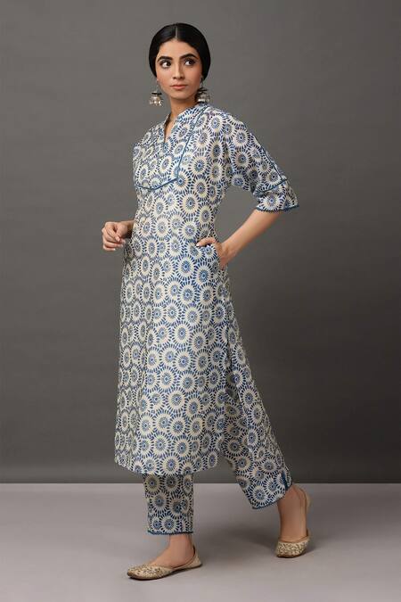 NUHH_Beige Kurta And Pant 100 % Polyester Slip 100% Cotton Kurta Printed & Set _Online_at_Aza_Fashions