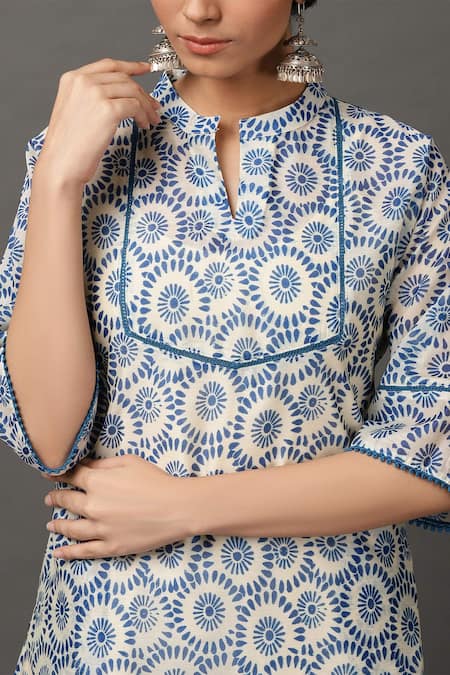 NUHH_Beige Kurta And Pant 100 % Polyester Slip 100% Cotton Kurta Printed & Set _at_Aza_Fashions