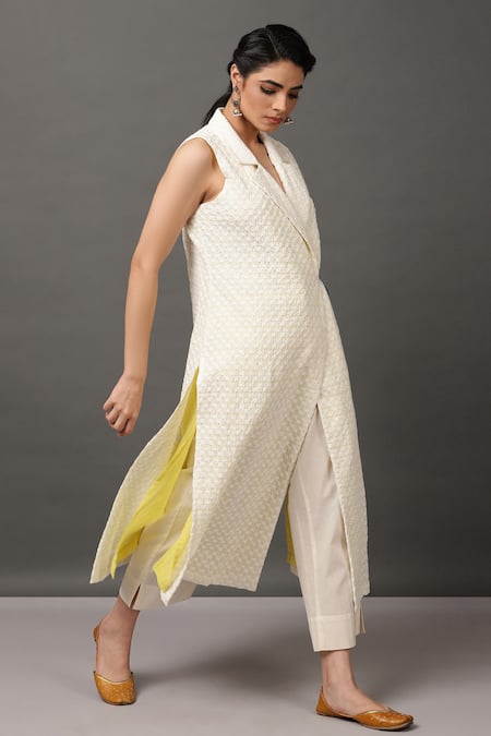 NUHH_White Embroidered Angarkha Kurta And Pant Set _Online_at_Aza_Fashions