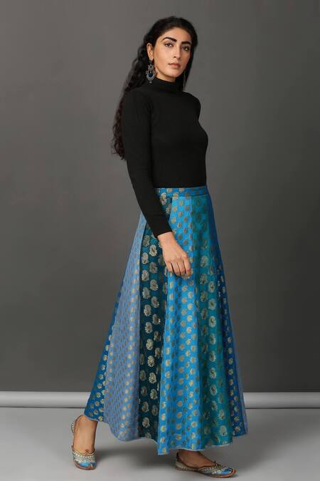 NUHH Blue Viscose Georgette, Lining Shantoon Paisley Motif Skirt Online at Aza Fashions NUHH_Blue Viscose Georgette, Lining Shantoon Paisley Motif Skirt _Online_at_Aza_Fashions
