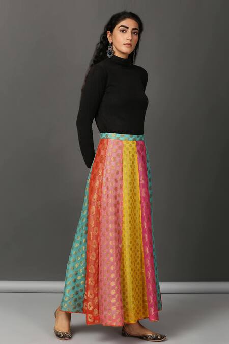 NUHH Multi Color Viscose Georgette, Lining Shantoon Paisley Motif Skirt Online at Aza Fashions NUHH_Multi Color Viscose Georgette, Lining Shantoon Paisley Motif Skirt _Online_at_Aza_Fashions
