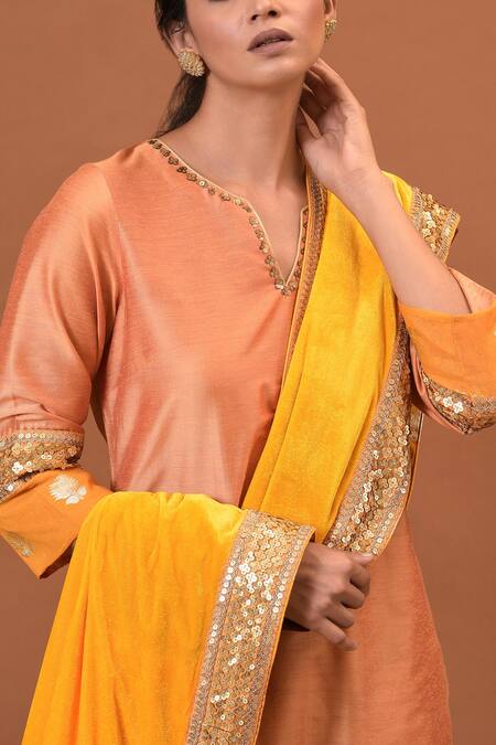 Buy_NUHH_Orange Art Silk And Velvet Notched Embellished Kurta Set _Online_at_Aza_Fashions