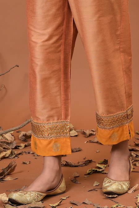 NUHH_Orange Art Silk And Velvet Notched Embellished Kurta Set _at_Aza_Fashions