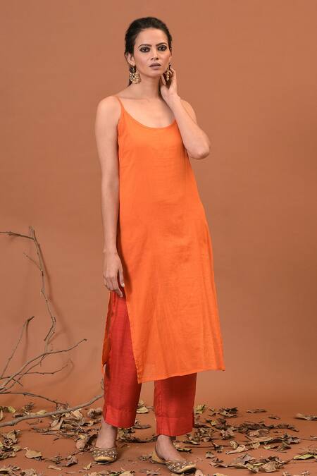NUHH_Orange Semi Silk And Cotton Voile V Neck Embellished Kurta Set_Online_at_Aza_Fashions