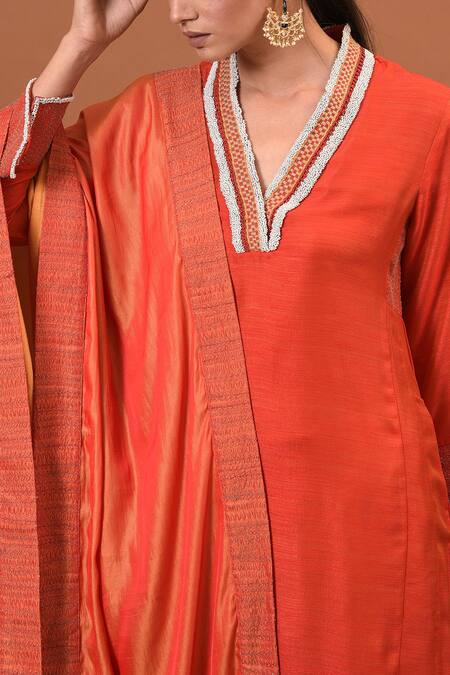 Shop_NUHH_Orange Semi Silk And Cotton Voile V Neck Embellished Kurta Set_Online_at_Aza_Fashions