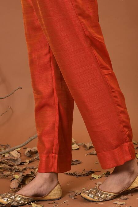 NUHH_Orange Semi Silk And Cotton Voile V Neck Embellished Kurta Set_at_Aza_Fashions